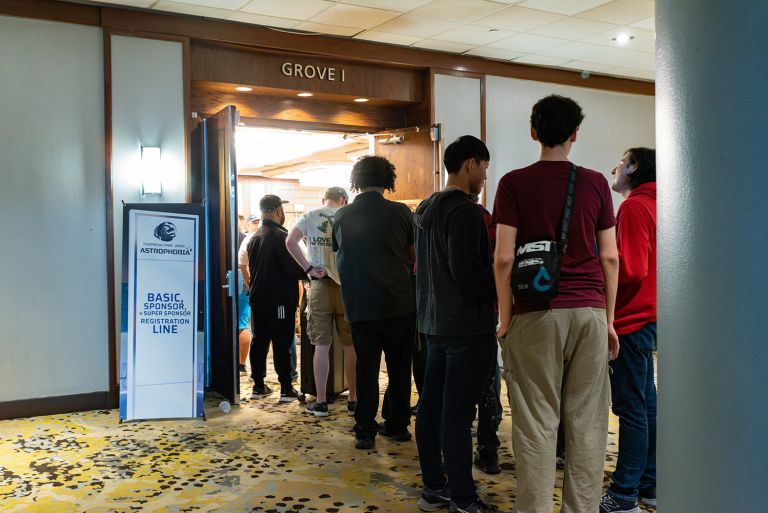 Registration line at Furpocalypse 2024